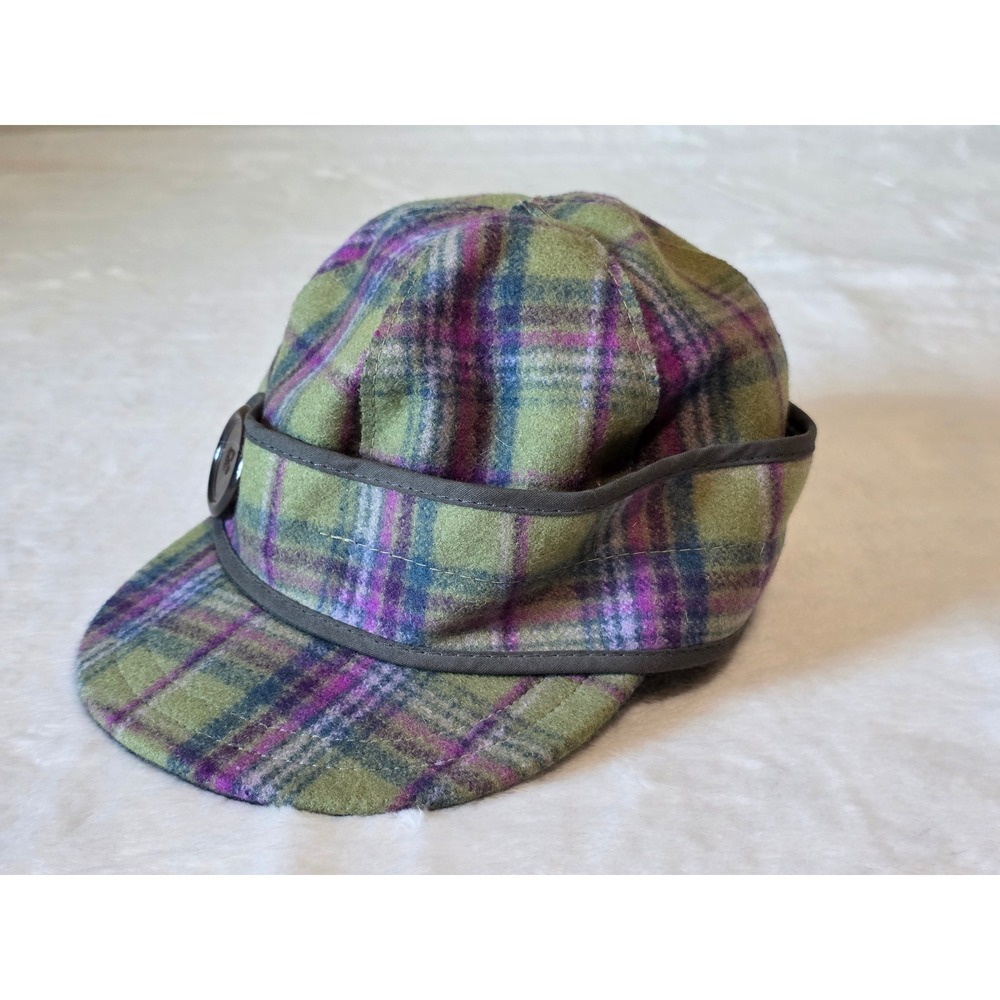 Stormy Kromer Plaid Wool Cap Green Purple Ear Flaps Hat Size 6 3/4 USA Made